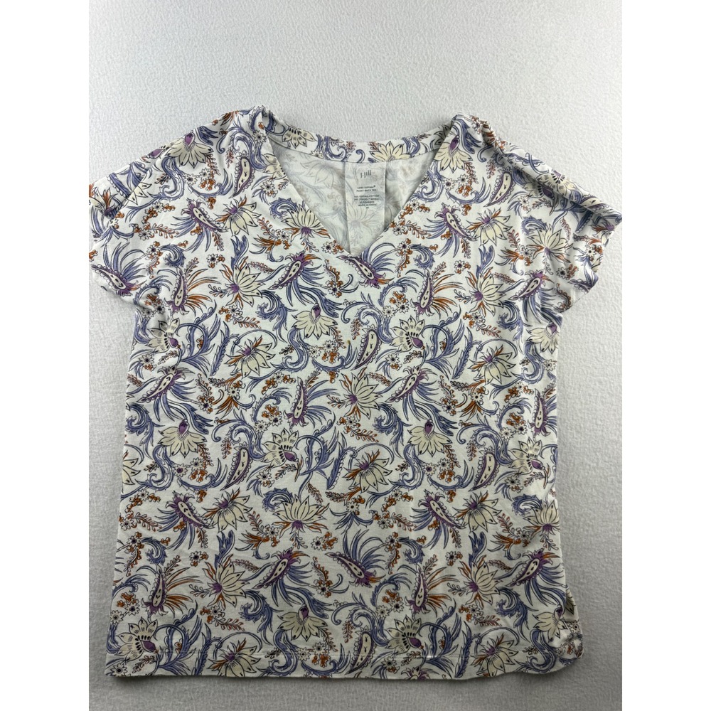 J. Jill Luxe Supima Pleat-Back Tee XS White Floral Paisley V-Neck Short Sleeve